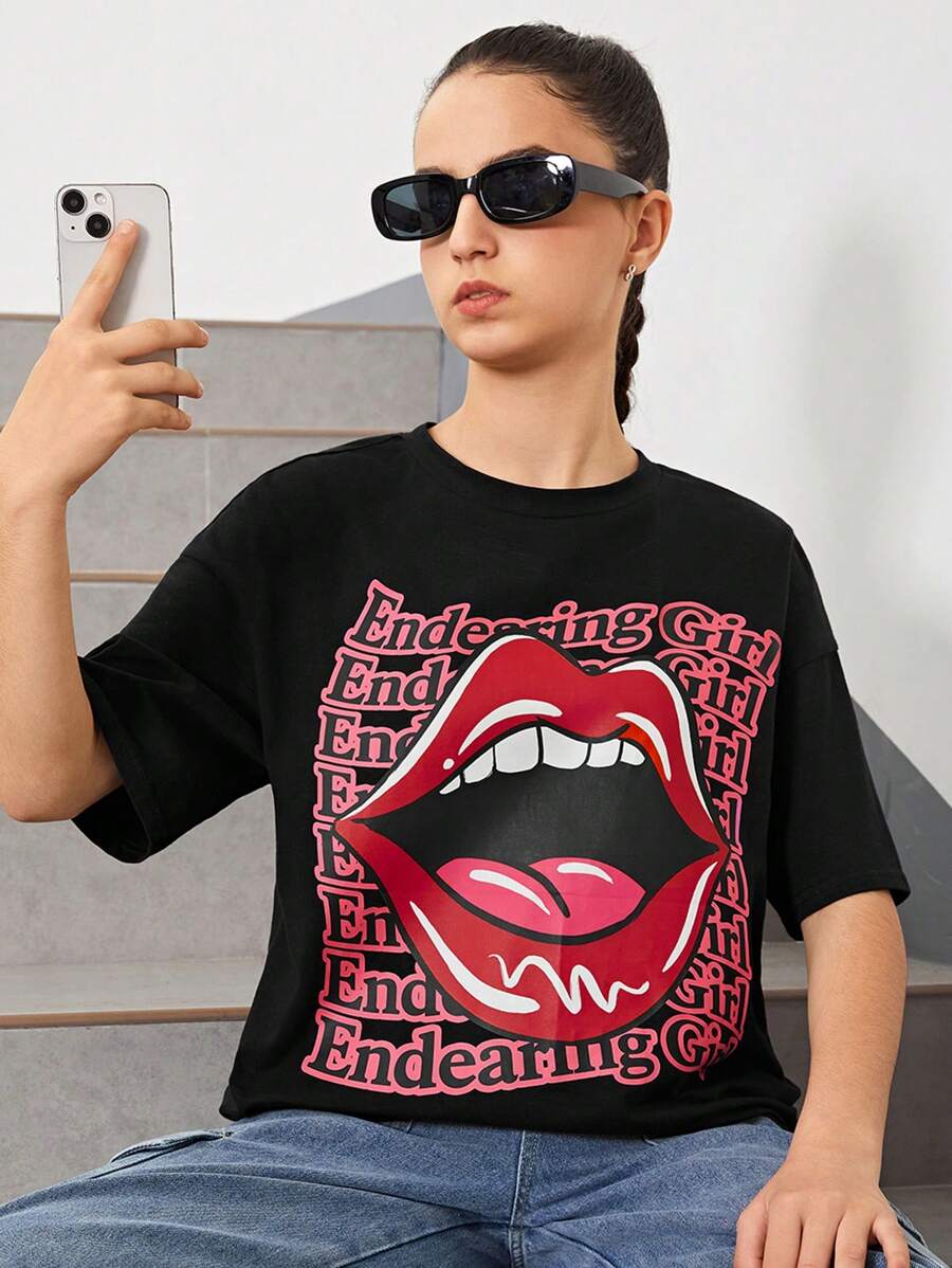 SHEIN Teen Girls' Casual Drop Shoulder T-Shirt With Big Mouth Printed, Round Neck - Black - View 1