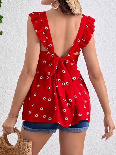 SHEIN Blusa de maternidad con diseño de margaritas, lazo trasero, mangas con volantes y dobladillo con volantes