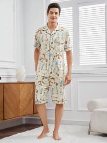 Men's Full Print Design Contrast Piping Pajama Set For Home - Beige - View 4