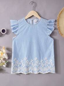 SHEIN Chemise À Rayures À Manches Courtes À Volants Décontractée À Encolure Ronde Pour Filles Pré-adolescentes - Multicolore - Voir 1