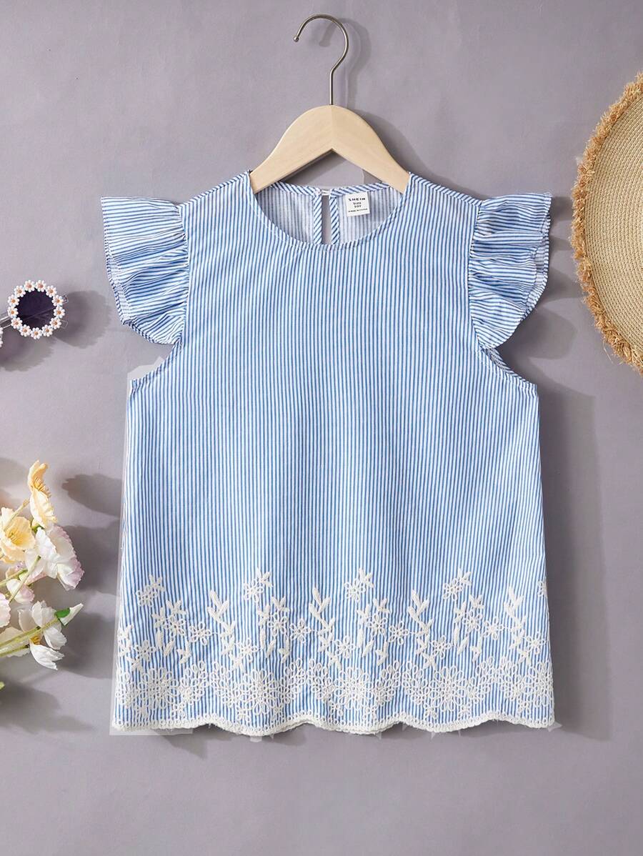 SHEIN Chemise À Rayures À Manches Courtes À Volants Décontractée À Encolure Ronde Pour Filles Pré-adolescentes - Multicolore - Voir 1