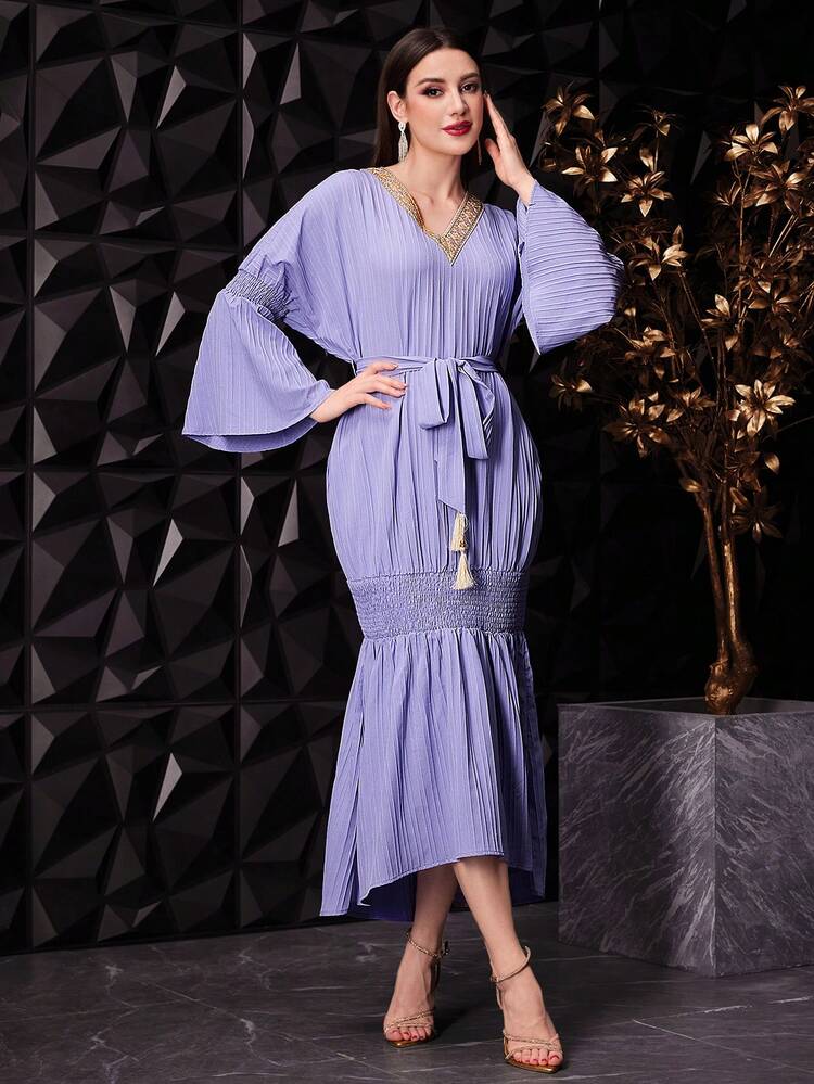 Women's Patchwork Ribbon Accented Waistline Flared Sleeves Mermaid Hem Dress Long Evening Dresses