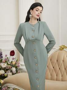Modelyn Solid Color Button Through Long Sleeve Dress - Green - View 7