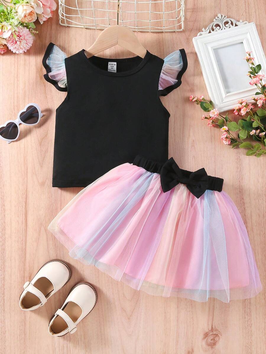 Elladie kids 年轻女孩荷叶边袖上衣和双层蝴蝶结裙两件套 - 彩色 - 查看 1