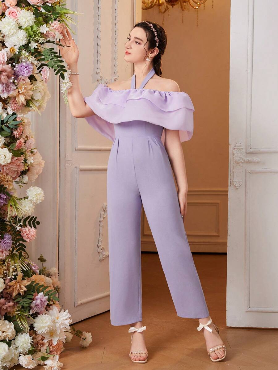 Teenage Girl's Ruffle Trim Halterneck Jumpsuit - Purple - View 1