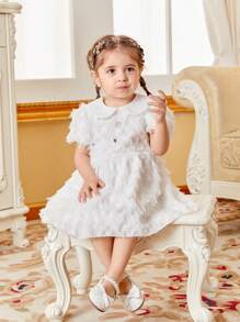 SHEIN Glamorique Kids 春夏款白色彼得潘領流蘇裙,可愛、休閒、優雅,適用於女嬰 - 彩色 - 查看 3