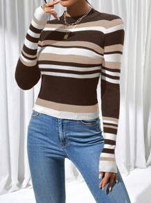 Chiquease Striped Ribbed Knitted Slim Fit Sweater, Fall Winter - Khaki - View 6
