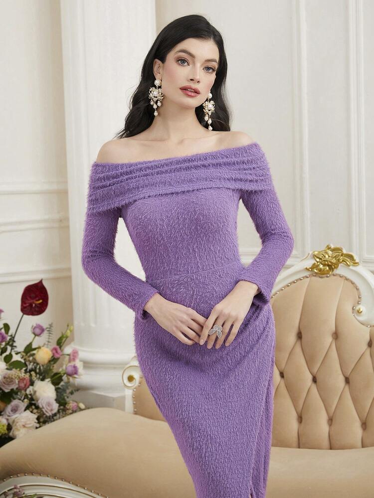 Women's Elegant Solid Color Off Shoulder Long Sleeve Dress Long Evening Dresses