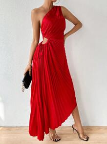 SHEIN Privé Vestido plisado asimétrico con cuello asimétrico y lazo lateral en unicolor - Rojo - Ver 6