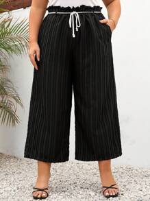 Mulvari Plus Size Solid Textured Fabric Loose Pants - Black - View 5