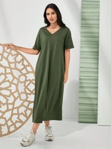 Mulvari Women's Letter Print Drop Shoulder Loose Fit Dress - Army Green - View 5