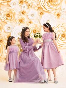 SHEIN Young Girl's Spliced Glamorous Sleeveless Mesh Dress - Purple - View 2