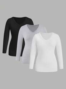 Calvaya Damen Thermounterwäsche Set in Große Größen, 3er Pack - Unterhemd & Oberbekleidung, Weiß, Schwarz & Hellgrau