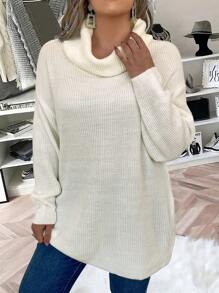 Flirla Women's Plus Size High Neck Solid Color Ribbed Loose Knitted Casual Sweater Fall Winter - White - View 4