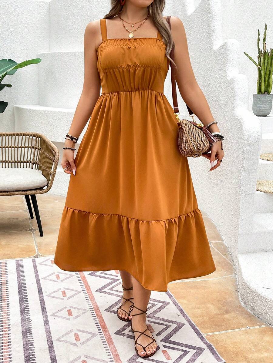 SHEIN LUNE Kích thước lớn Màu thuần Xù Hoa Sen Váy Dây - màu nâu - Xem 1