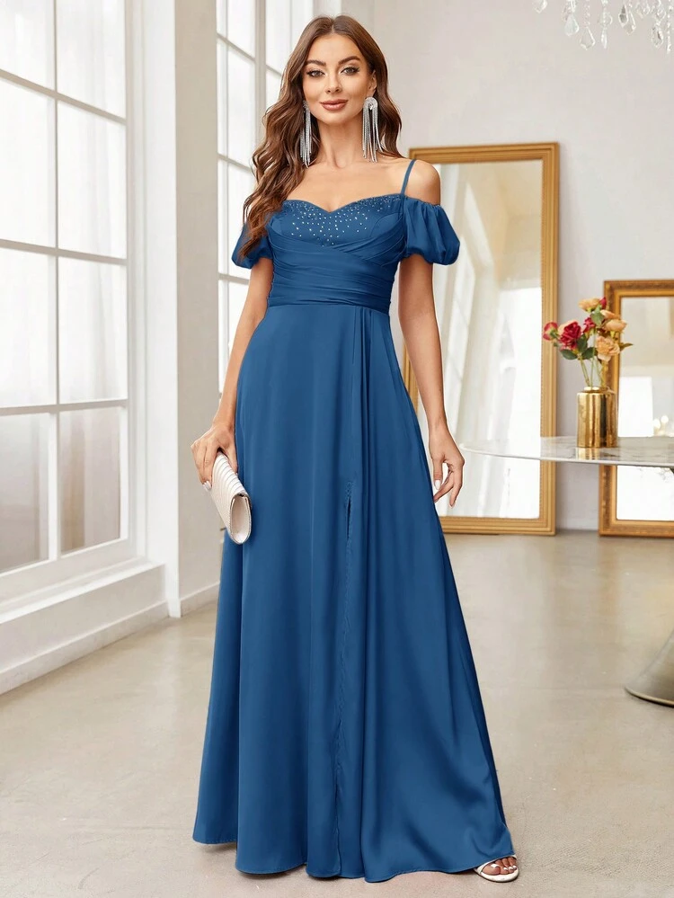 Elegant And Gorgeous Woman Blue Satin Rhinestone Embellished Spaghetti Straps Sweetheart Neck Puff Sleeves High Waist High Slit Umbrella Swing Ball Evening Dress