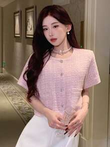 DAZY Women's Short-Sleeved Button-Up Jacket With Front Pockets - Pink - View 4