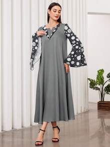 Al Najma Plaid Flower Print Patchwork Bell Sleeve Dress - Grey - View 3