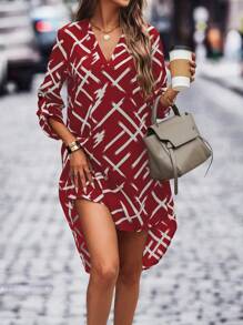SHEIN Clasi Allover Print Roll Tab Sleeve High Low Hem Dress For New Year Clothes