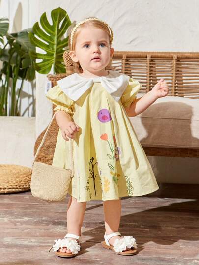 SHEIN Leap Crew Baby Girl Casual Short Sleeve Color-Block Dress With Bowknot And Pleats