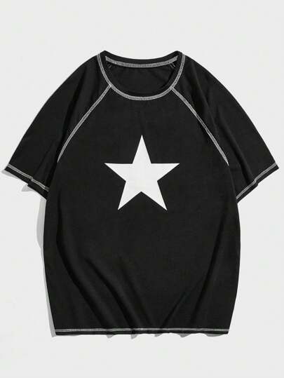 Academia Camiseta de manga raglán con pespunte y estampado de estrellas, estilo escolar y de los años 2000