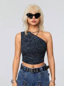 SHEIN EZwear Haut Court Asymétrique Avec Col, Effet Délavé Et Noeuds À La Teinture Pour Un Style