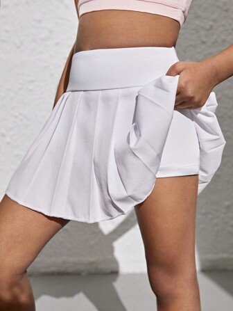 SHEIN Jonge Meisjes Sport Hardlopen Yoga Veelzijdige Training Elastische & Ademende Geplooide Witte Rok