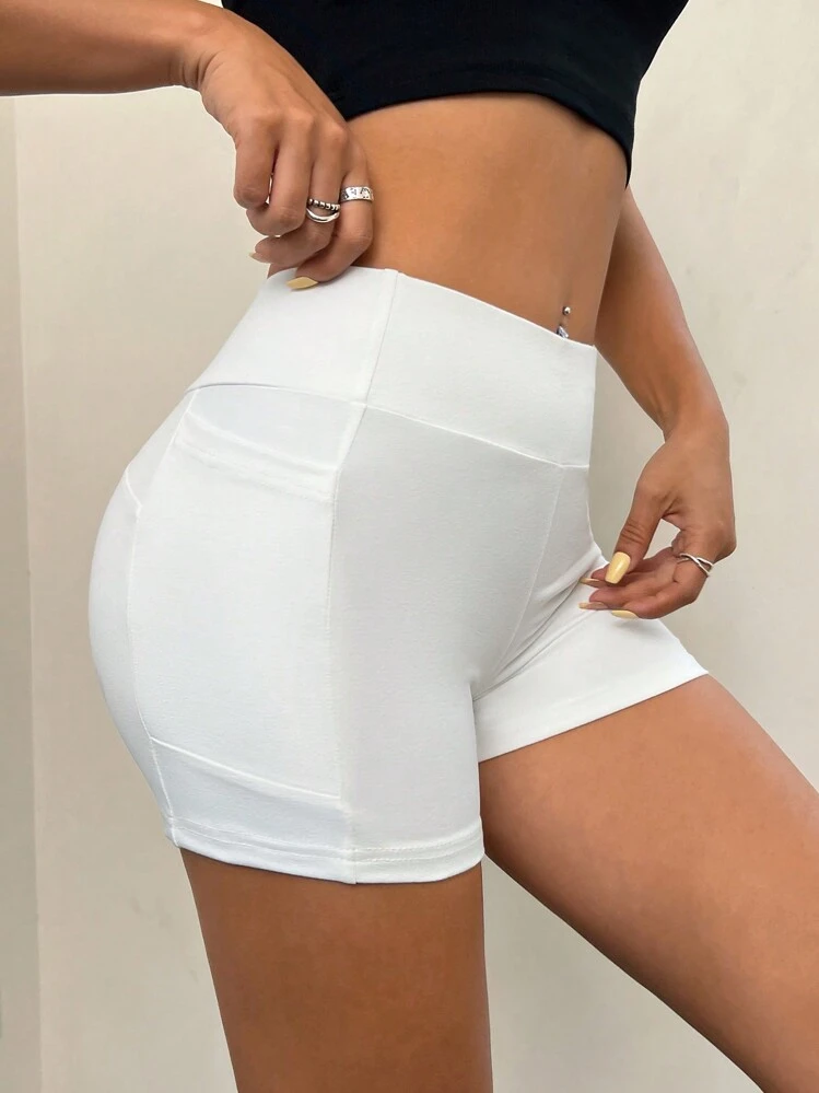SHEIN EZwear Nieprzezroczyste, białe, krótkie legginsy, spodenki Booty - Biały - Zobacz 1