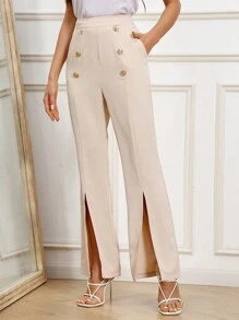 SHEIN Clasi Pantalones Para Mujeres Con Pierna Ancha, Abotonado Doble Con Abertura En El Dobladillo