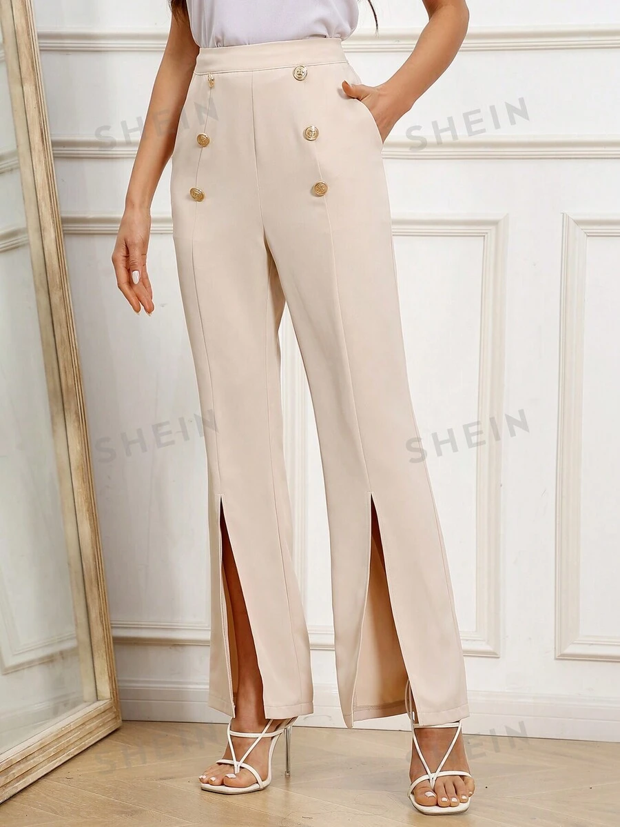 SHEIN Clasi Pantalones Para Mujeres Con Pierna Ancha, Abotonado Doble Con Abertura En El Dobladillo