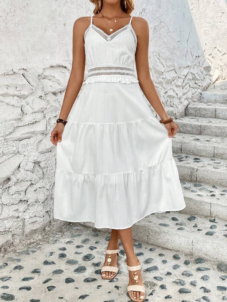 Women's Solid Color Ruffled Hem Spaghetti Strap Dress