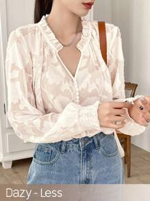 DAZY 女式提花襯衫,帶有凸出的領口和燈籠袖 - 白色 - 查看 1