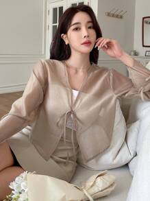 DAZY Áo cánh công sở rộng rãi buộc dây phía trước dài tay mùa thu cho nữ - Màu Khaki - Xem 5