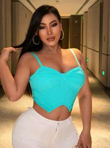 SHEIN SXY Corpete corselet curto sem mangas azul gota de muito elástico, alto padrão sexy de dia dos namorados para sutiã ajustável com tiras de ombro apertadas sedosas. - Azul cadete - Visão 6