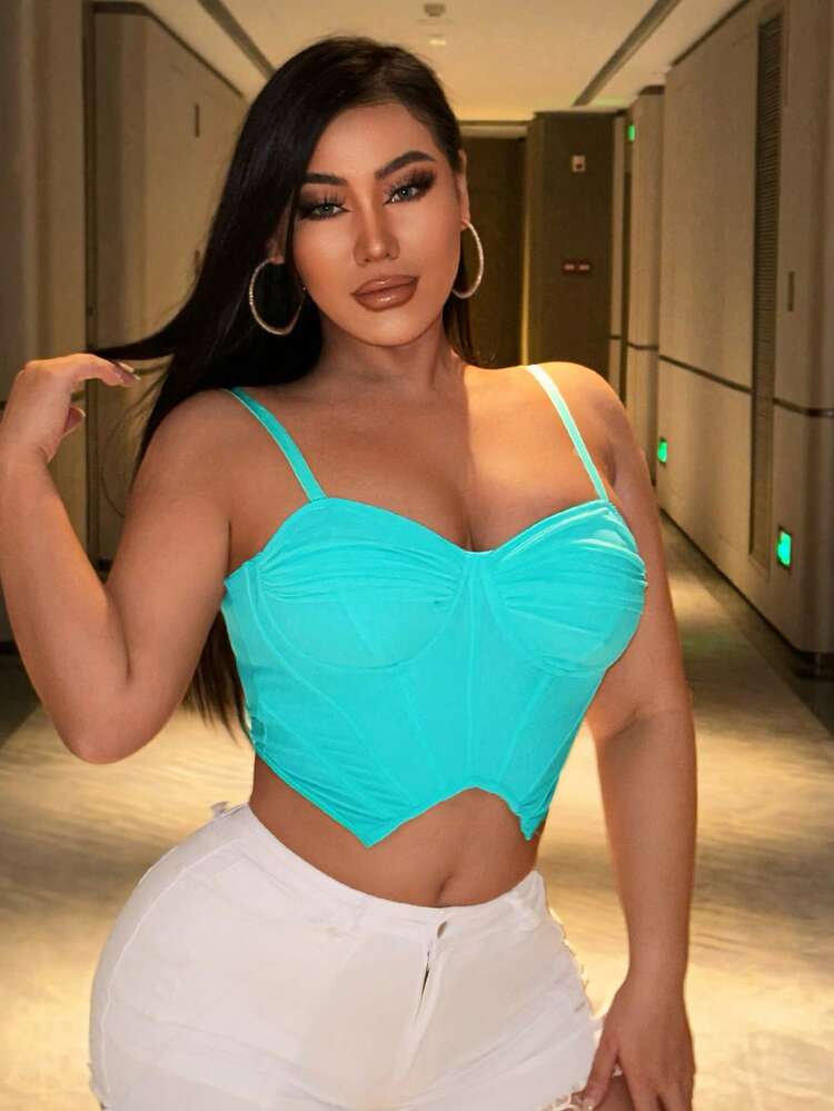 Valentine's Day Women's Sexy Blue Mesh Gathered Underwire Fishbone High Elastic High-End  Sexy Sleeveless Silky Tight Shoulder Straps Adjustable Short Bra Corset Camisole