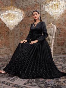 Modelyn Đầm dạ hội dài xếp ly cổ xẻ đính đá trang trí cho nữ - màu đen - Xem 2