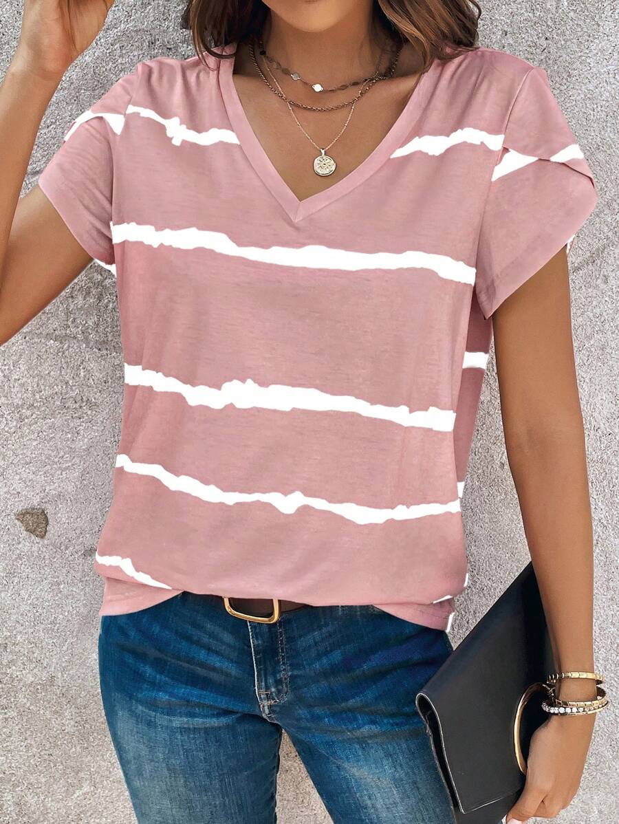 SHEIN LUNE Women's Striped Short Sleeve T-Shirt