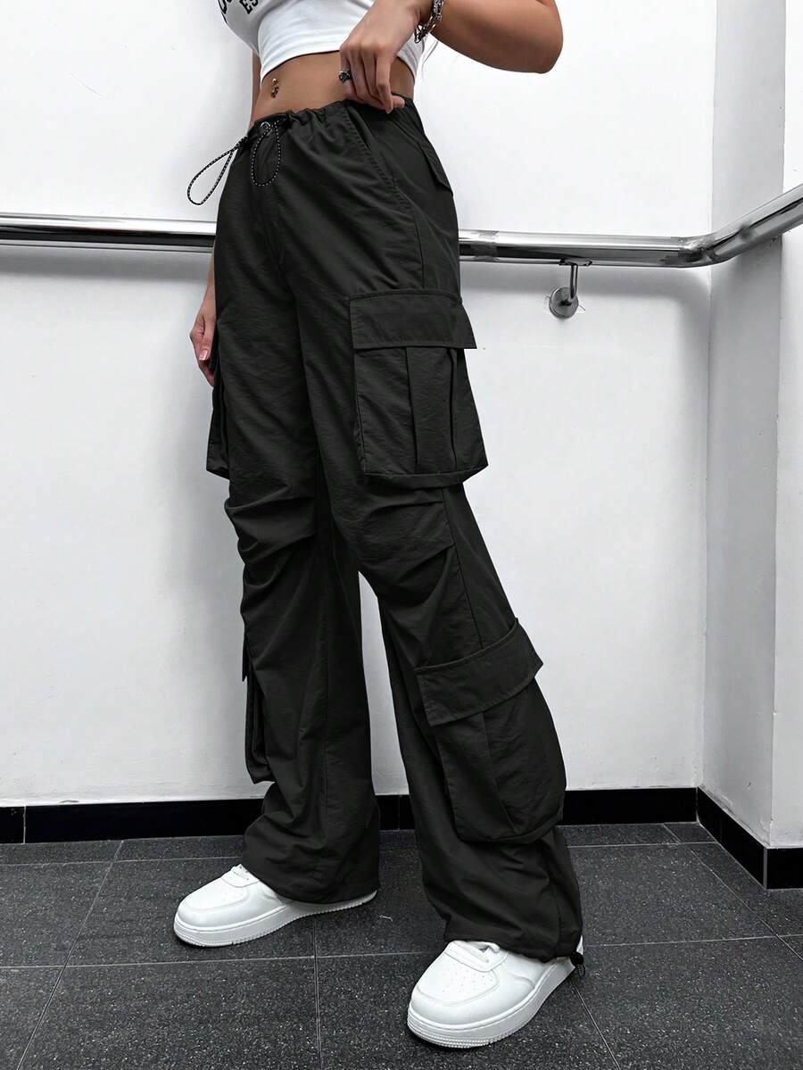 Flap Pockets Drawstring Ruched Cargo Pants - Black - View 1