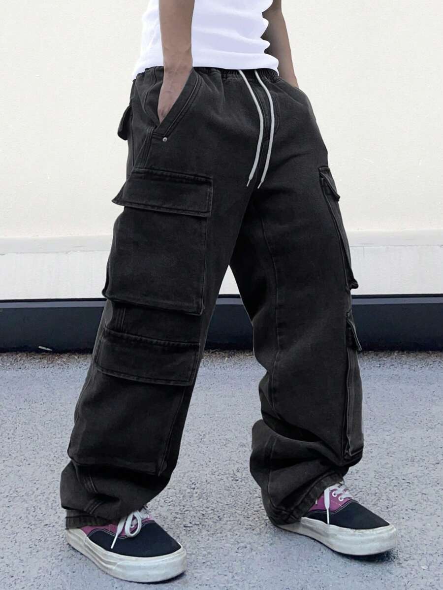 Manfinity EMRG Men's Drawstring Waist Cargo Denim Jeans - Black - View 1