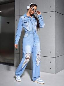 SHEIN EZwear Washed Ripped Straight Leg Denim Jumpsuit - Medium Wash - View 5