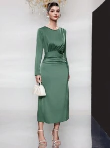 Modelyn Của phụ nữ Màu thuần Xếp li Đầm Với Trân châu Đồ trang trí Đối với Thanh lịch - màu xanh lá - Xem 4