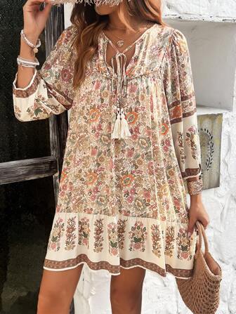 Breezaya Damen Kleid Mit Vollem Druck Und Krawatte Am Hals