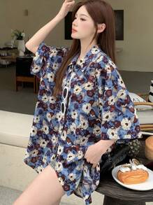 DAZY 女士全印花宽松落肩衬衫花卉度假装扮 女士复活节 - 彩色 - 查看 3