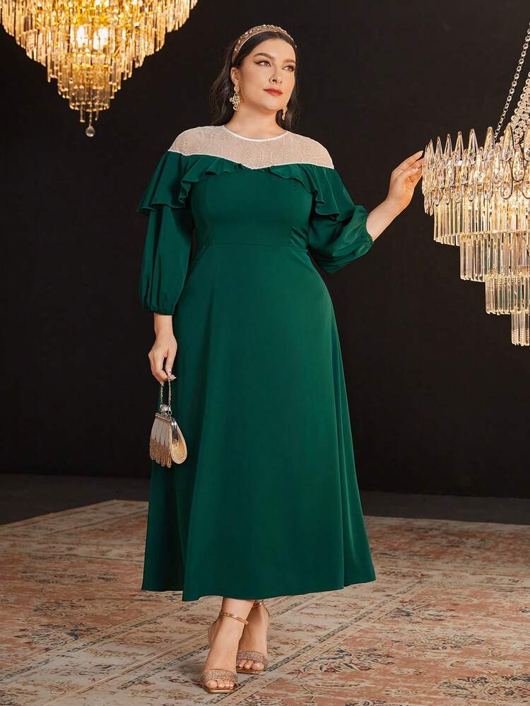 Plus Contrast Yoke Lantern Sleeve Ruffle Trim Dress Long Evening Dresses