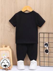 Baby Boy Smiling Face Printed Short Sleeve T-Shirt And Pants Set - Black - View 2