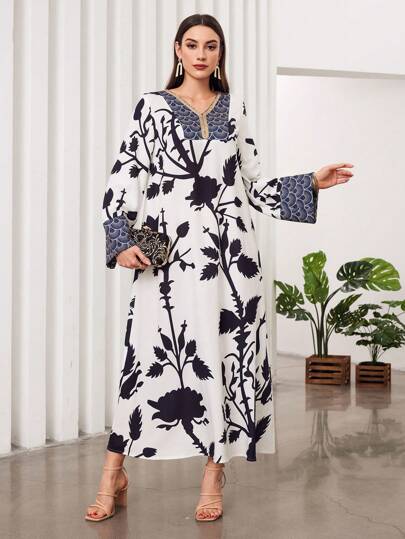 Al Najma 女士花卉印花v領擴腳袖連衣裙