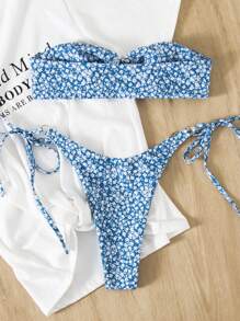 SHEIN Swim 女士碎花比基尼套装，夏日海滩 - 藍白色 - 查看 6