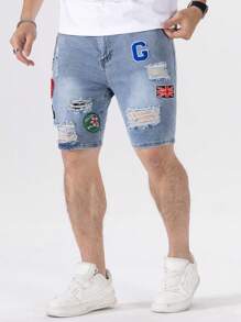 Manfinity EMRG Nam Kích thước lớn Quần jean rách Quần short Với In Vá lại - Rửa nhẹ - Xem 7