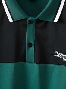 Manfinity Homme Men's Plus-Size Embroidery Detail Colorblock Short Sleeve Polo Shirt - Green - View 4