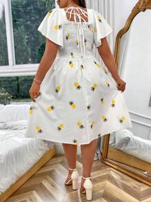 Flirla Plus Size Boho Pineapple Print Butterfly Sleeve Dress, For Summer - White - View 2